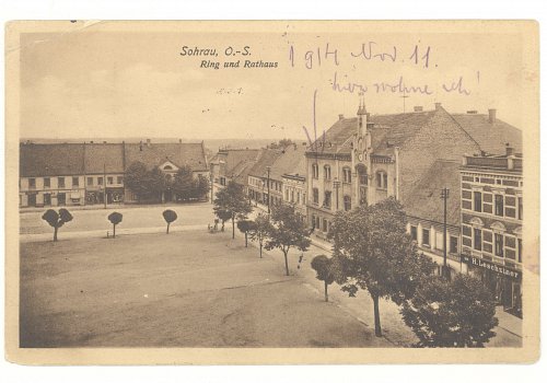 Numer inwentarzowy: MŻo/1421; Materiał: papier; Technika: drukarska; Wymiary: długość - 14 cm, szerokość - 9 cm; Datowanie: 1917 r.; Wydawca: Franz Polloczek, Sohrau (Żory) 
Poczt&oacute;wka czarno-biała, w formacie poziomym, obiegowa, przedstawiająca zabudowania pierzei południowo &ndash;wschodniej rynku żorskiego z perspektywy ptasiej; z prawej strony przedstawienia, dominująca bryła ratusza miejskiego, lewą dolną część wypełnia płyta rynku. Poczt&oacute;wka nadana z Katowic do Budapesztu 11 listopada 1914 r., wypisana w języku niemieckim. Na awersie nadawca odręcznie zaznaczył strzałką miejsce swojego zamieszkania w Żorach, kt&oacute;re znajdowało się na drugim piętrze ratusza (napis: hier wohne ich!).
