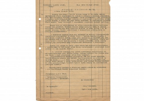 Wymiary: wysokość - 28,5 cm, szerokość - 21 cm; Materiał: papier; Technika: druk maszynowy; Pochodzenie: Sohrau/Żory, Oberschlesien/G&oacute;rny Śląsk; Datacja: 21.V.1921 r. 
Rozkaz pułkowy nr 11 wydany 21 maja 1921 roku przez dow&oacute;dztwo 2. Pułku piechoty zawierający 6 punkt&oacute;w porządkowych.