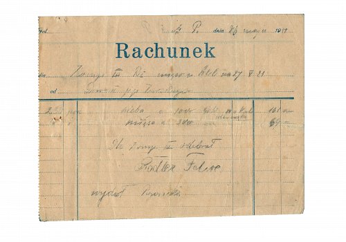 Wymiary: wysokość - 14 cm, szerokość - 19 cm; Materiał: papier; Technika: druk, pismo odręczne; Pochodzenie: G&oacute;rny Śląsk; Datacja: 26.V.1921 r. 
Rachunek dla III kompanii z dnia 26 maja 1921 roku odebrany przez Feliksa Radlera wystawiony za wydanie mięsa i chleba.