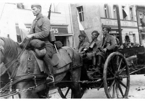 Plik cyfrowy; Pochodzenie: Żory, G&oacute;rny Śląsk; Datowanie: 1922-1939; Autor: brak danych 
Fotografia czarno-biała przedstawiająca żołnierzy II Dywizjonu 23 Pułku Artylerii Lekkiej w Żorach. Na pierwszym planie widoczni żołnierze obsługi I działa: kan. Gerard Burzik, kan. Jerzy Hojka, kan. J&oacute;zef Wyderko (na przodzie z prawej strony), na koniu Sylwester Dulski.