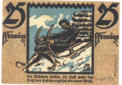 Numer inwentarzowy: MŻo/3-1; Wymiary: Wysokość &ndash;&nbsp; 6,5 cm; Szerokość &ndash; 9 cm; Materiał: papier; Technika: drukarska; Pochodzenie: Hirschberg/Jelenia G&oacute;ra, Dolny Śląsk; Datowanie: 1920-1921 r. 
Banknot zastępczy o nominale 25 fenig&oacute;w wydany dla Jeleniej G&oacute;ry. Na awersie przedstawiona jest postać mężczyzny z saniami w otoczeniu g&oacute;r i śniegu w czarnej ramce zakończonej od g&oacute;ry linią zygzakowatą. W g&oacute;rnych rogach nominały liczbowe, u dołu dwu-wersowa rymowanka. Rewers: na środku 10-wersowy napis, z informacją o nominale, ważności banknotu przez cztery tygodnie od daty wydania oraz wsp&oacute;lnej emisji z miastami: Friedeberg, Greiffenberg, L&auml;hn, L&ouml;wenberg, Schmiedeberg, Sch&ouml;nau,
