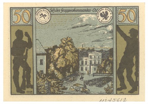 Numer inwentarzowy: MŻo/56-2; Wymiary: Szerokość - 9 cm; Wysokość - 6,3 cm; Materiał: papier; Technika: drukarska; Pochodzenie: Druk - K. Miarka G.M.B.H. Nikolai O. S. (Mikoł&oacute;w); Datowanie: 1921 r. 
Banknot zastępczy o nominale 50 fenig&oacute;w wydany dla gminy Bielszowice w Mikołowie 29 lipca 1921 r.&nbsp;na pamiątkę powstania polskiego w roku 1921&nbsp;(III Powstanie Śląskie). Ważny do 1 października 1922 r.