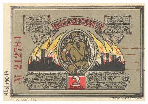 Numer inwentarzowy: MŻo/56-4; Wymiary: Szerokość - 8,9 cm; Wysokość - 6,3 cm; Materiał: papier; Technika: drukarska; Pochodzenie: Druk - K. Miarka G.M.B.H. Nikolai O. S. (Mikoł&oacute;w); Datowanie: 1921 r. 
Banknot zastępczy o nominale 25 fenig&oacute;w wydany dla gminy Bielszowice w Mikołowie, 29 lipca 1921 r.&nbsp;na pamiątkę powstania polskiego w roku 1921&nbsp;(III Powstanie Śląskie). Ważny do 1 października 1922 r.